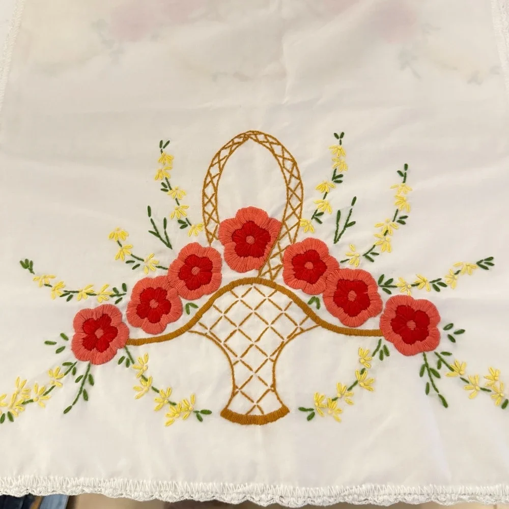 Embroidered‎ Linen Floral Basket Tea Towel Vintage Charm Kitchen Hand Towel